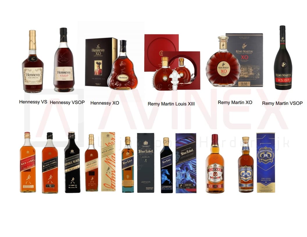 Hennessy, Rémy Martin, Johnnie Walker en Chivas Regal — cognac en whisky assortiment